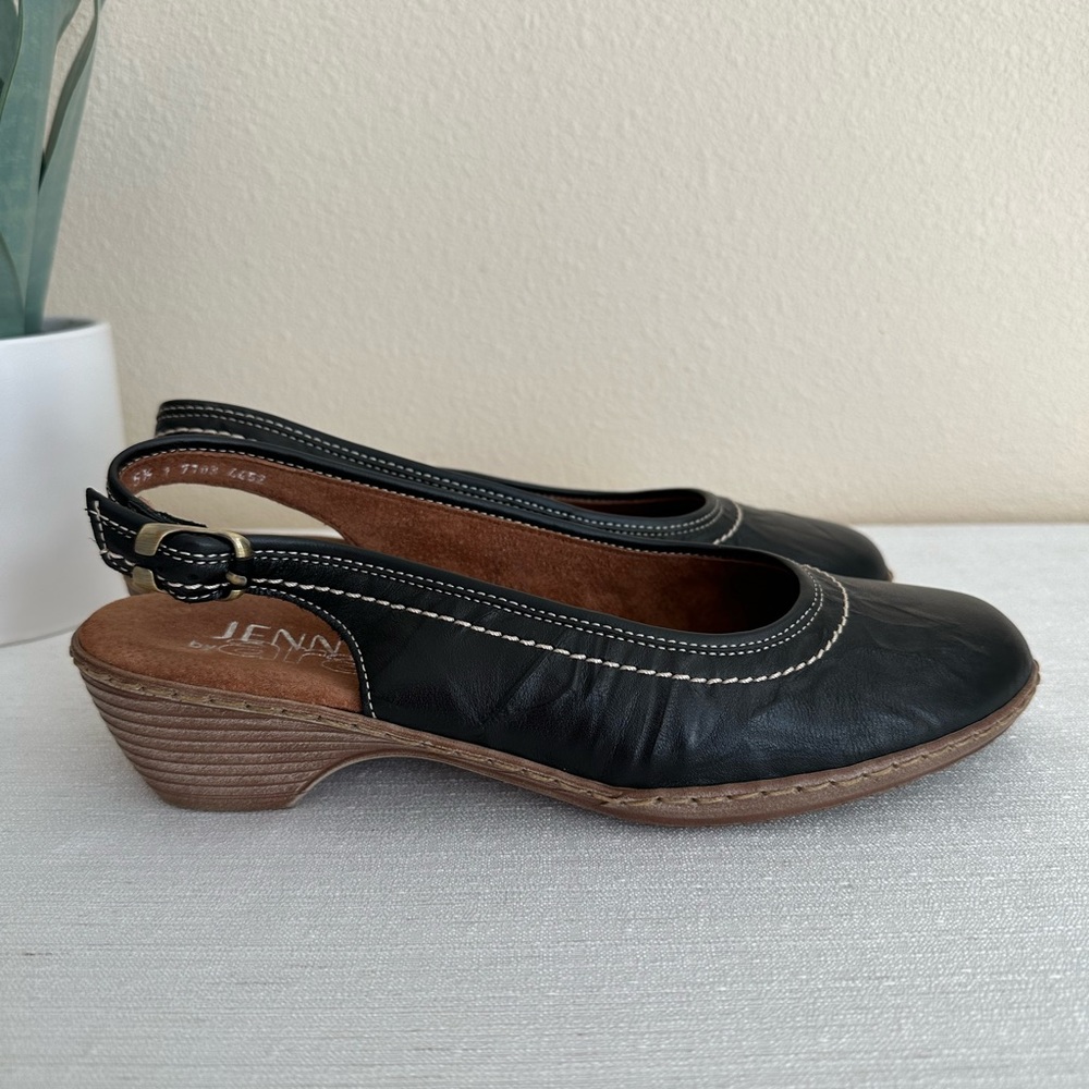 New Jenny by Ara Black Leather White Stitch Sling Back Pumps Woman’s UK5.5 US7.5